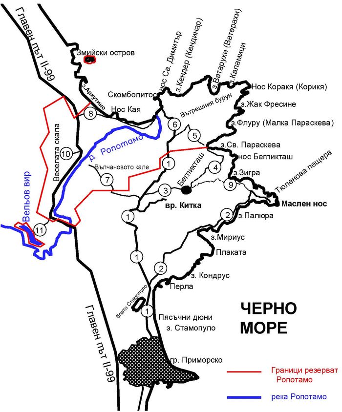 Карта на туристическите пътеки в резерват Ропотамо