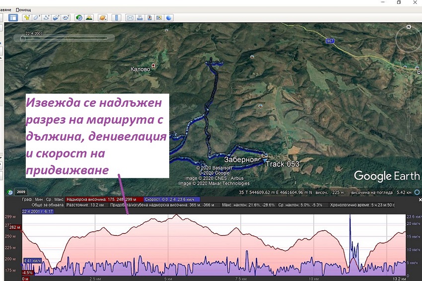 Отваряне на надлъжния разрез на трака - дължина, денивелация и скорост в Google Earth Pro